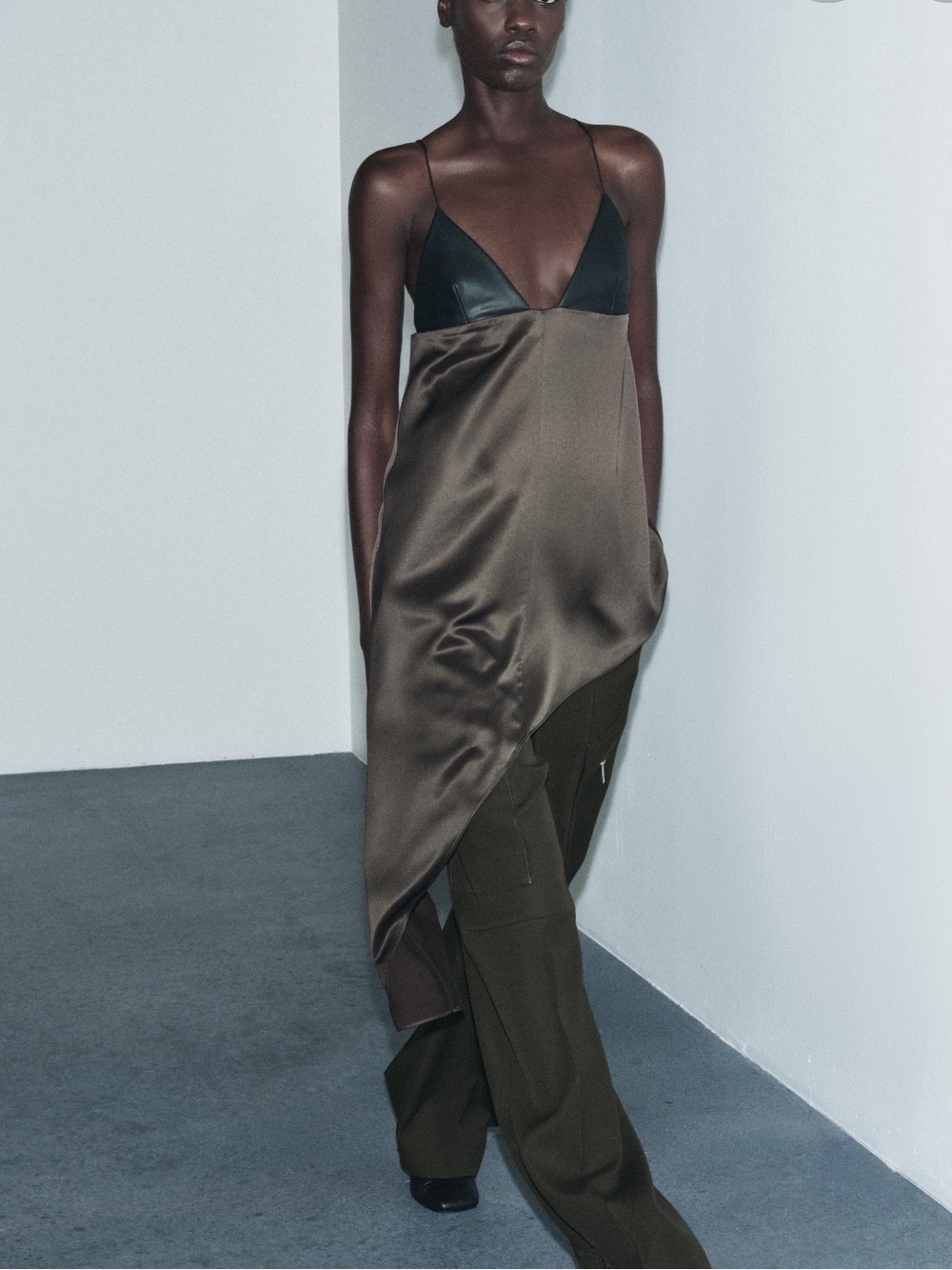 Zara Olive Satin Slip Dress with Black Trim